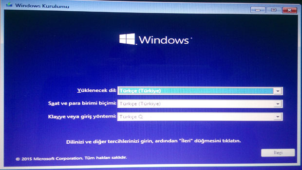 Windows 10 kurulumu - Resimli Anlatım Adım 1